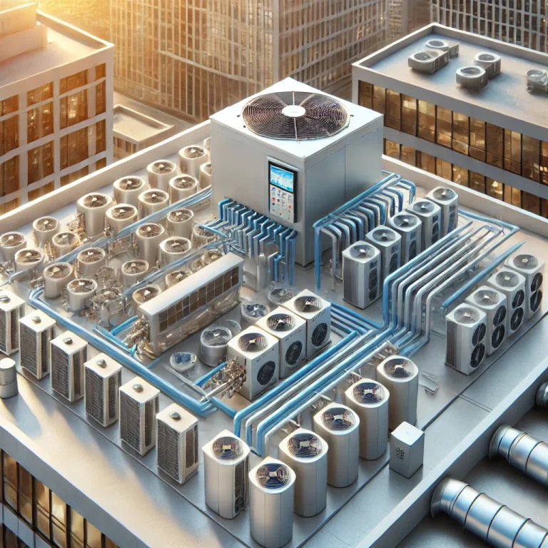 DALL·E 2025-03-06 16.20.18 - A 3D visualization of a modern Chiller-Fan Coil System in a commercial building