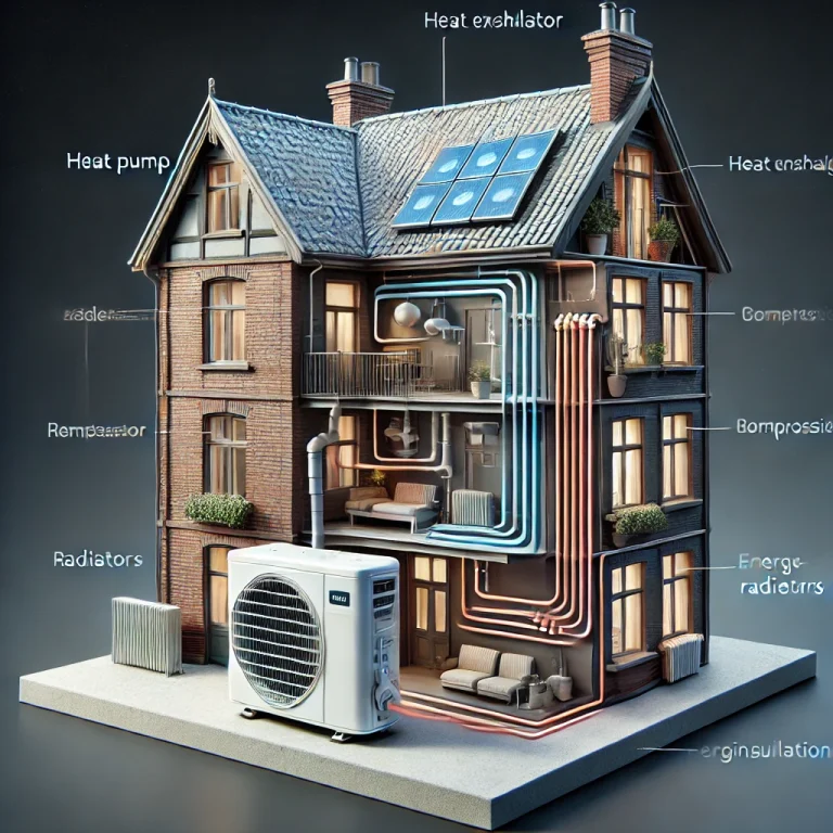 DALL·E 2025-03-06 16.28.14 - A 3D visualization of a heat pump system installed in an old building