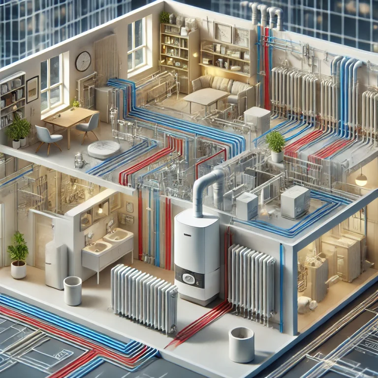 DALL·E 2025-03-06 16.38.20 - A highly detailed 3D visualization of a heating system layout in a modern building according to UK standards